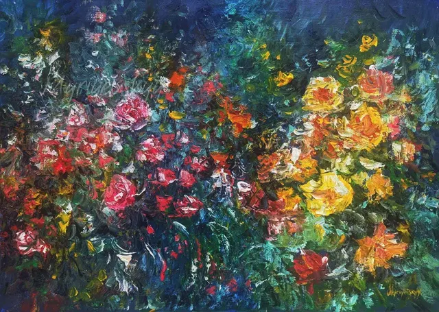 Garden Harmony — original impressionist oil painting by Volodymyr Myriyevskyy, 70 × 50 cm (28″ × 20″)