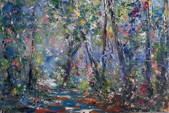 Walk in the forest — original impressionist oil painting by Volodymyr Myriyevskyy, 60 × 40 cm (24″ × 16″)