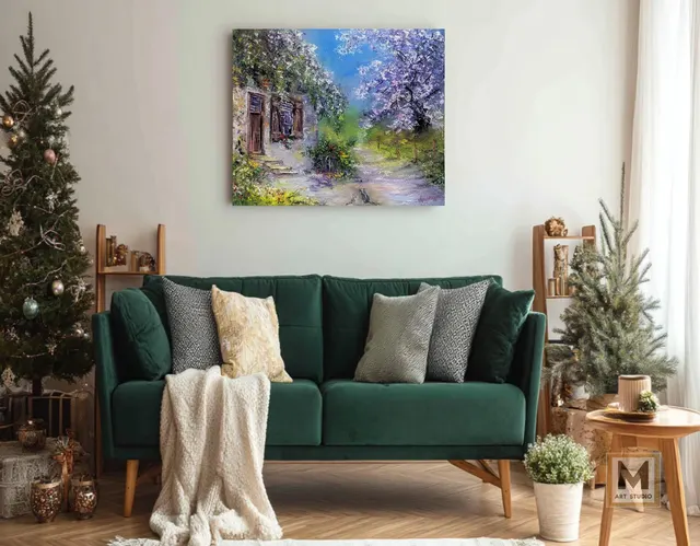 Cats in Garden — original impressionist oil painting by Volodymyr Myriyevskyy, 60 × 50 cm (24″ × 20″)