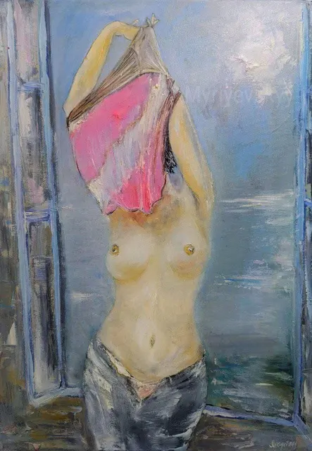 Morning Light While Undressing — original impressionist oil painting by Volodymyr Myriyevskyy, 50 × 70 cm (20″ × 28″)