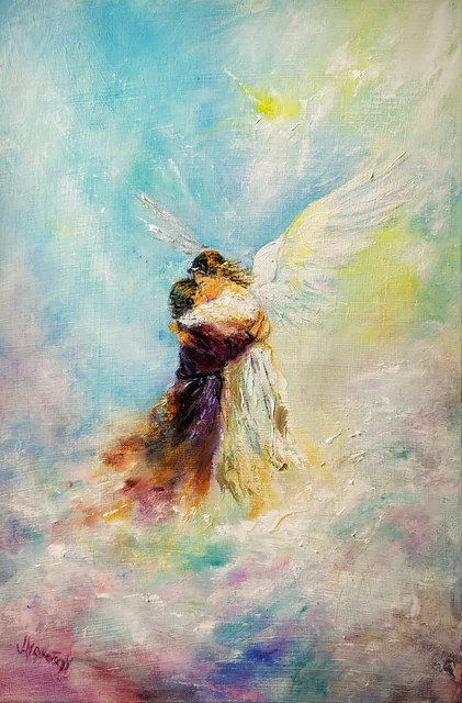 In the Arms of an Angel — original impressionist oil painting by Volodymyr Myriyevskyy, 40 × 60 cm (16″ × 24″)