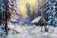 Cabin in the Snowbound Forest — original oil painting by Volodymyr Myriyevskyy