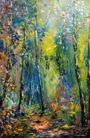 Sunlit Birch Forest Path — original oil painting by Volodymyr Myriyevskyy