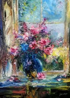 Peonies by the Window — original impressionist oil painting by Volodymyr Myriyevskyy, 50 × 70 cm (20″ × 28″) — photo 1