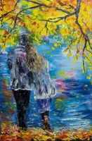 Couple standing by the lake — original oil painting by Volodymyr Myriyevskyy