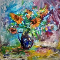 Sunflowers — original impressionist oil painting by Volodymyr Myriyevskyy, 60 × 60 cm (24″ × 24″) — photo 1