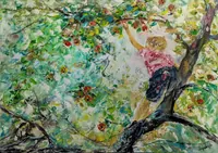 Boy on tree branch reaching for apple — original oil painting by Volodymyr Myriyevskyy