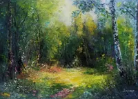 Glade in the Birch Forest — original impressionist oil painting by Volodymyr Myriyevskyy, 70 × 50 cm (28″ × 20″) — photo 1
