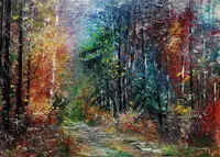 Autumn path in the forest — original impressionist oil painting by Volodymyr Myriyevskyy, 70 × 50 cm (28″ × 20″) — photo 1