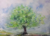 Large green tree — original impressionist oil painting by Volodymyr Myriyevskyy, 70 × 50 cm (28″ × 20″) — photo 1