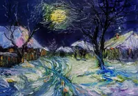 Snowy village in moonlight — original impressionist oil painting by Volodymyr Myriyevskyy, 70 × 50 cm (28″ × 20″) — photo 1