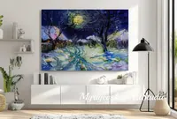Snowy village in moonlight — original impressionist oil painting by Volodymyr Myriyevskyy, 70 × 50 cm (28″ × 20″) — photo 2