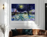 Snowy village in moonlight — original impressionist oil painting by Volodymyr Myriyevskyy, 70 × 50 cm (28″ × 20″) — photo 4