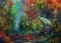 Early Autumn Forest Cottage — original oil painting by Volodymyr Myriyevskyy