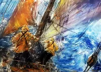 Harsh Adventures, Yellow Oilskins — original impressionist oil painting by Volodymyr Myriyevskyy, 70 × 50 cm (28″ × 20″) — photo 1