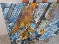 Harsh Adventures, Yellow Oilskins — original impressionist oil painting by Volodymyr Myriyevskyy, 70 × 50 cm (28″ × 20″) — photo 5