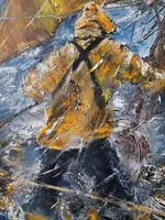 Harsh Adventures, Yellow Oilskins — original impressionist oil painting by Volodymyr Myriyevskyy, 70 × 50 cm (28″ × 20″) — photo 6