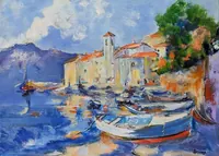 Mediterranean coastal village — original impressionist oil painting by Volodymyr Myriyevskyy, 70 × 50 cm (28″ × 20″) — photo 1