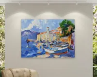 Mediterranean coastal village — original impressionist oil painting by Volodymyr Myriyevskyy, 70 × 50 cm (28″ × 20″) — photo 2