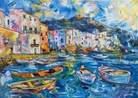 Fishing village — original oil painting by Volodymyr Myriyevskyy