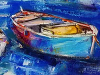Fishing village — original impressionist oil painting by Volodymyr Myriyevskyy, 70 × 50 cm (28″ × 20″) — photo 3
