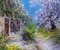 Cats in Garden — original oil painting by Volodymyr Myriyevskyy