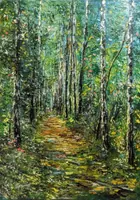 Birch Forest Path Green Light — original oil painting by Volodymyr Myriyevskyy