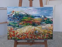 Mountain Meadow in Bloom — original impressionist oil painting by Volodymyr Myriyevskyy, 70 × 50 cm (28″ × 20″) — photo 2