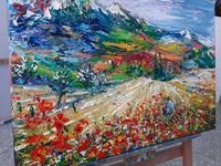 Mountain Meadow in Bloom — original impressionist oil painting by Volodymyr Myriyevskyy, 70 × 50 cm (28″ × 20″) — photo 4