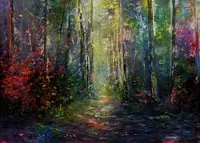 Mystical Forest Path in Sunlight — original impressionist oil painting by Volodymyr Myriyevskyy, 70 × 50 cm (28″ × 20″) — photo 1