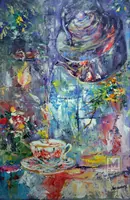 Pouring tea into cup — original oil painting by Volodymyr Myriyevskyy