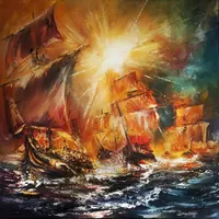 Sailboats at sunset — original impressionist oil painting by Volodymyr Myriyevskyy, 60 × 60 cm (24″ × 24″) — photo 1
