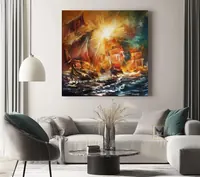 Sailboats at sunset — original impressionist oil painting by Volodymyr Myriyevskyy, 60 × 60 cm (24″ × 24″) — photo 2