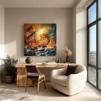 Sailboats at sunset — original impressionist oil painting by Volodymyr Myriyevskyy, 60 × 60 cm (24″ × 24″) — photo 5