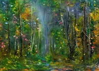 Misty forest path — original impressionist oil painting by Volodymyr Myriyevskyy, 70 × 50 cm (28″ × 20″) — photo 1