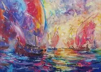 Crimson sails — original impressionist oil painting by Volodymyr Myriyevskyy, 70 × 50 cm (28″ × 20″) — photo 1