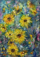 Sunflowers in an Abstract Garden — original impressionist oil painting by Volodymyr Myriyevskyy, 50 × 70 cm (20″ × 28″) — photo 1